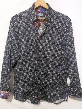 Au Noir Men's Shirt Size 4 / Large Geometric Floral Contrast Flip Cuffs Slim Fit
